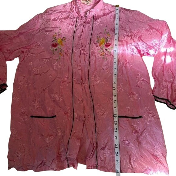 Golden Bee Vintage Pink Silk Damask Embroidered Bird Mandarin Jacket Womens L - Picture 6 of 6